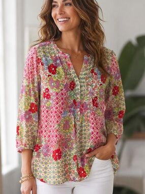 Talbots Floral Patchwork Pintuck Blouse XS Pink Green  3/4 Sleeve Cottagecore